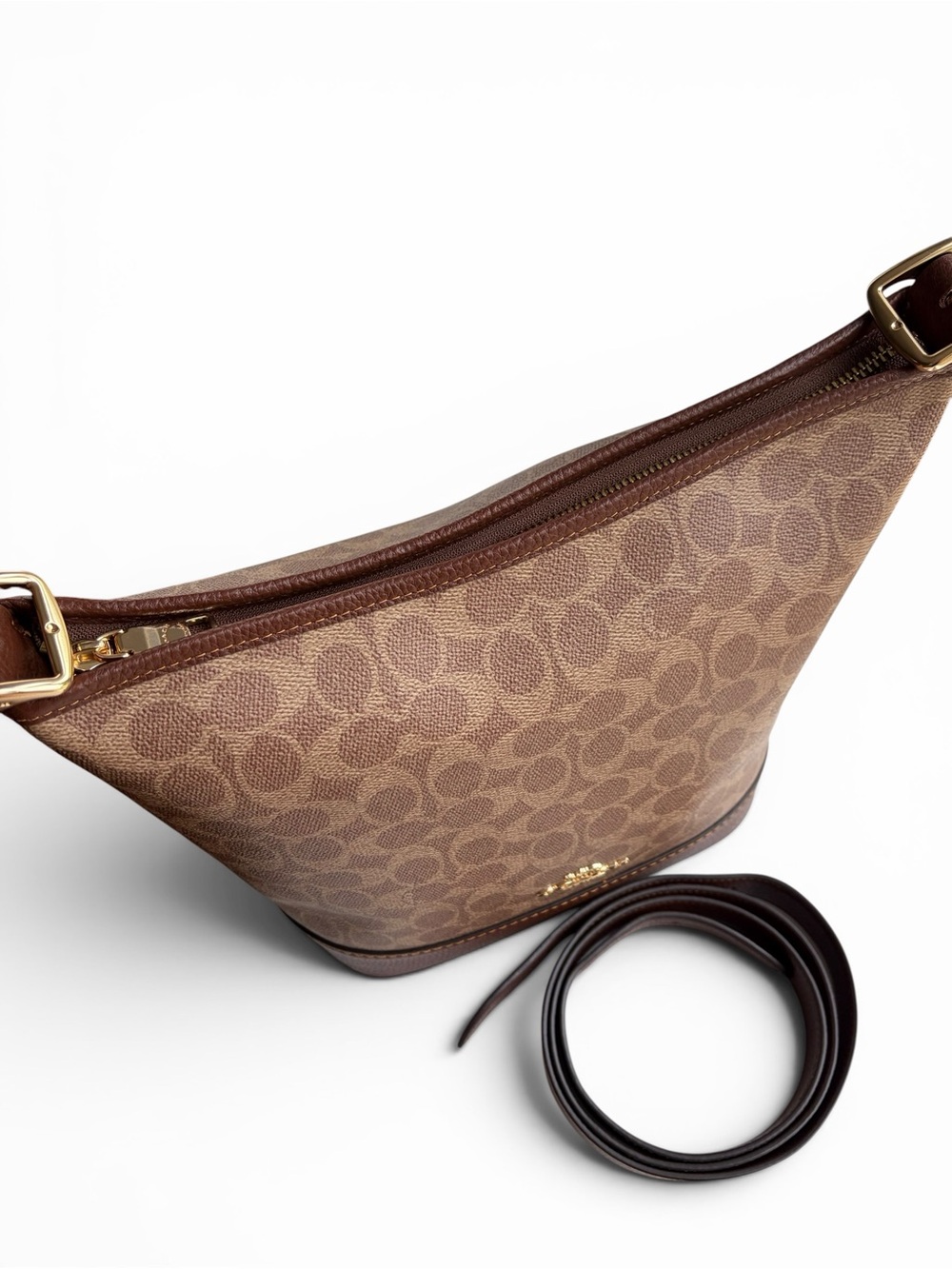 Coach Jude Duffle Bag Brown Signature Canvas Bucket Bag with Leather Trim - Picture 12 of 16